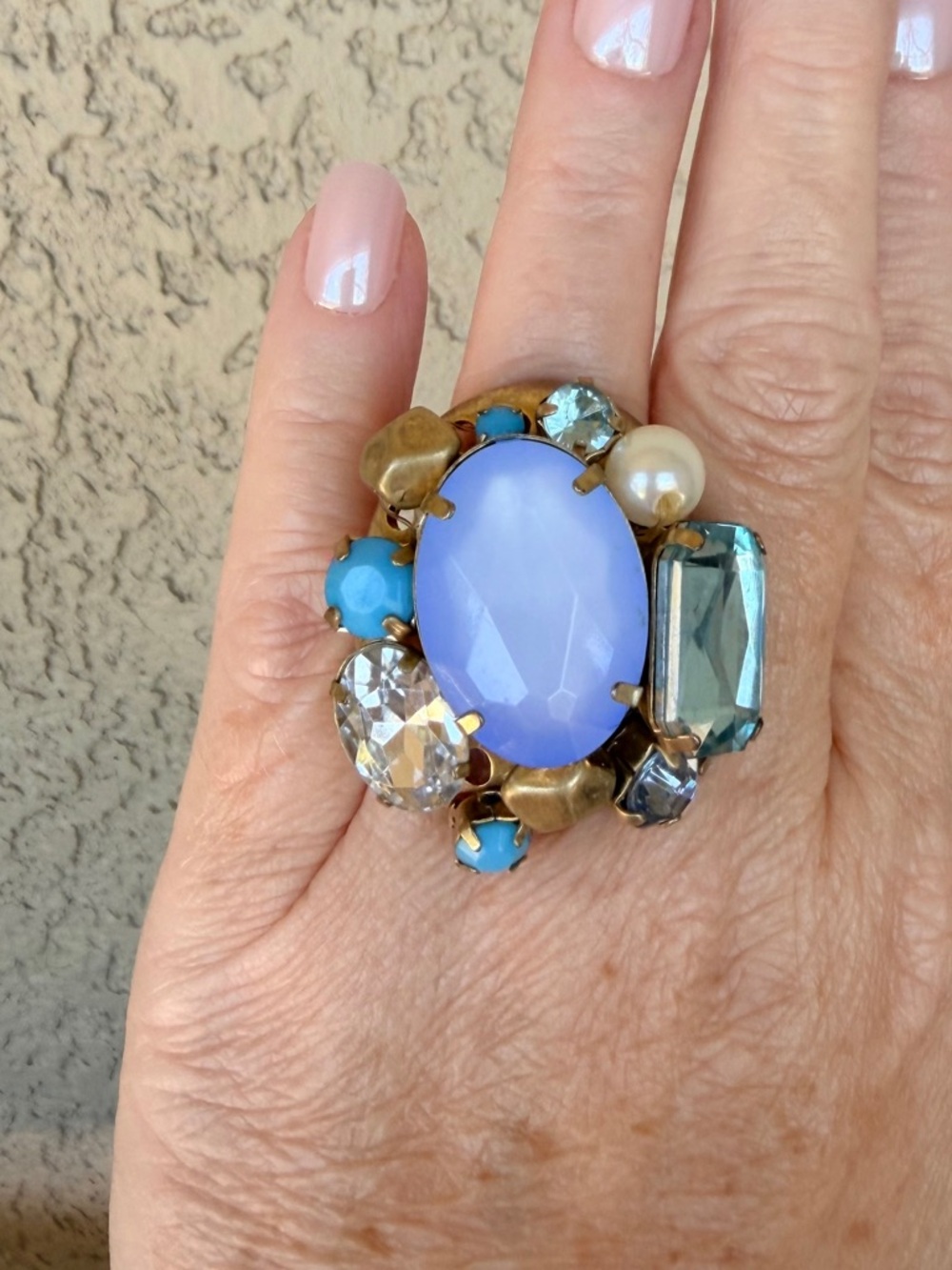 Bold Lavender Multistone Statement Ring with Aqua and Pearl Accents
